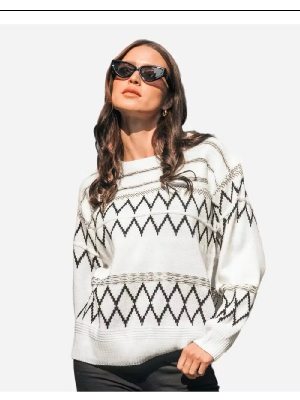 Absolutely Cream and Black Geometric Crewneck Sweater Retro Inspired